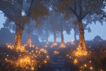 Poster - A magical forest path illuminated by glowing lights, surrounded by misty trees, creating a serene and enchanting atmosphere perfect for nature lovers.