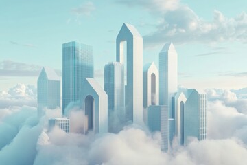 Poster - Futuristic Skyscrapers Emerging from Dreamy Clouds Against a Soft Blue Sky