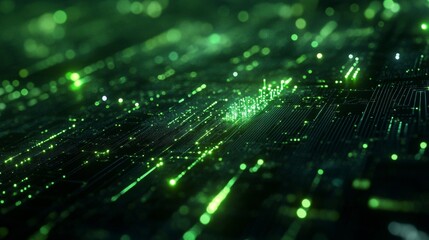 Poster - dynamic abstract digital background with green lights and data flowing in a modern technology design