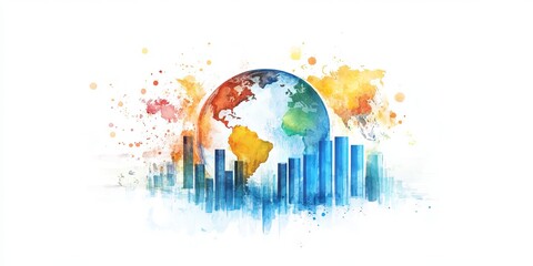 Poster - a vibrant watercolor illustration of earth surrounded by bar graphs, symbolizing global data trends.