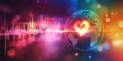 Poster - A heart is surrounded by a globe and the globe is surrounded by a wave of sound. Concept of love and connection, as the heart and globe are both symbols of unity and togetherness