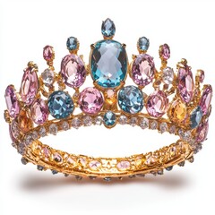Poster - Exquisite golden crown adorned with vibrant gemstones capturing elegance luxury and royalty in a studio shot against a clean white background