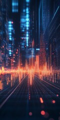 Poster - Futuristic Digital Landscape with Neon Lights and Data Visualization in an Urban Environment
