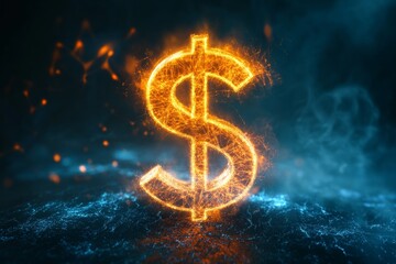 Poster - Glowing Sparkling Dollar Symbol in an Abstract Digital Environment with Dramatic Lighting Effects