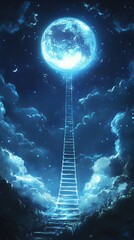 Poster - A breathtaking scene depicting a mystical ladder extending towards a glowing full moon, surrounded by clouds and shimmering stars, evoking a sense of wonder.