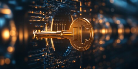 Poster - Golden Digital Key Embedded in a Futuristic Lock Mechanism Representing Cybersecurity Concepts
