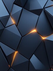 Poster - Geometric arrangement of dark blue faceted shapes illuminated by golden light abstract background design