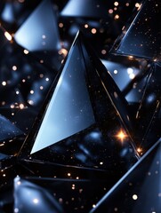 Poster - Abstract geometric pyramids with glowing particles in dark blue tones for modern design and futuristic concepts a captivating background with depth and perspective