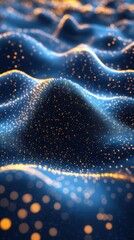 Poster - Abstract Digital Landscape with Glowing Particles and Wavy Terrain in Blue and Orange Tones for Technology and Science Concepts