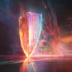 Poster - This vibrant digital shield stands against a colorful abstract backdrop, showcasing a blend of light and energy. Perfect for themes of protection and innovation.