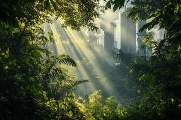 Poster - Sunlight filters through dense green foliage, illuminating a serene forest scene. Rays of light create a magical atmosphere in this lush environment.