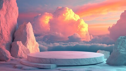 Poster - A pastel-hued stone podium sits atop a floor outdoors under a soft, pink and gold sky with blurred clouds, showcasing beauty and cosmetic products on a pedestal for promotional display, evoking a