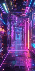 Poster - Futuristic Digital Corridor with Neon Lights and Technological Elements in Vibrant Colors