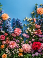 Poster - exquisite floral arrangement on a serene blue backdrop showcasing a diverse range of vibrant blooms 