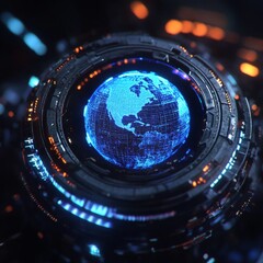 Poster - futuristic digital globe surrounded by advanced technology and circuitry elements
