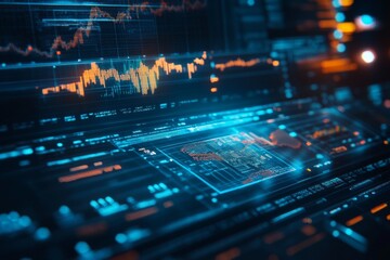 Poster - abstract digital data visualization with colorful graphs and neon effects representing technology tr