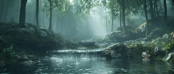 Poster - Serene Forest Stream with Sunlight Filtering Through Trees Tranquil Nature Scene with Mossy Rocks and Lush Greenery Peaceful Ambiance Captivating Landscape