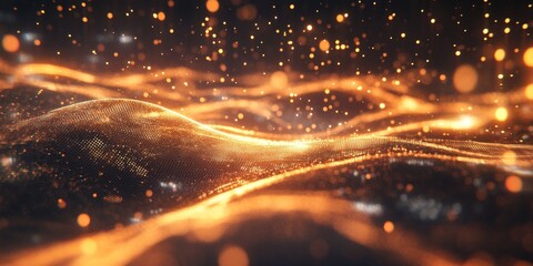 Poster - Abstract Vibrant Flowing Waves with Glittering Gold Lights and Colorful Bokeh Effects