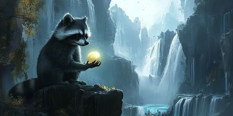 Poster - A charming raccoon holds a glowing orb in an enchanted landscape, featuring majestic waterfalls and misty surroundings, evoking a sense of magic and wonder.
