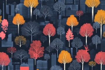 Poster - This vibrant illustration features colorful abstract trees set against an urban backdrop, capturing the essence of fall with dynamic colors and modern design elements.
