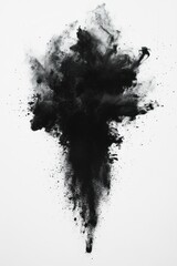 Poster - Dramatic black powder explosion against a clean white background creating a dynamic and abstract visual effect perfect for artistic designs