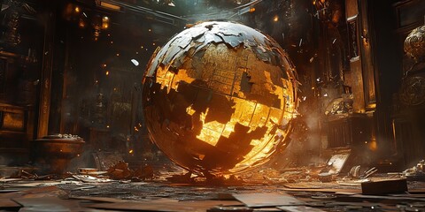 Poster - A stunning metallic sphere emits a warm glow, surrounded by chaotic debris in a dark, abandoned industrial room. Perfect for themes of mystery and decay.