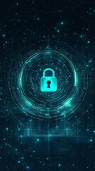 Poster - Digital Lock Icon in a Futuristic Cybersecurity Environment with Abstract Data Visualization