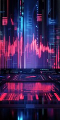 Poster - Futuristic Digital Cityscape with Neon Lights and Soundwave Visualization in a High-Tech Environment