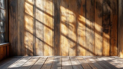 Poster - Rustic Wooden Interior with Sunlight Streaming Through Window Creating Warm and Inviting Atmosphere for Design