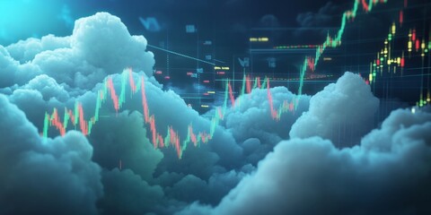 Poster - digital financial market analysis with stock charts and colorful graphs emerging from clouds