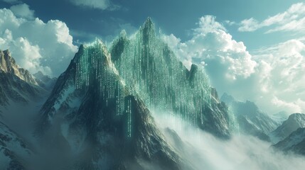 Poster - An enchanting mountain landscape combines nature and technology, featuring peaks draped in digital rain against a backdrop of clouds and mist, evoking a sense of wonder.