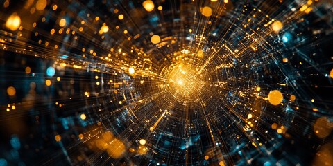 Poster - A stunning burst of light surrounded by vibrant digital particles creates an abstract visualization, symbolizing energy and technological advancement in space.