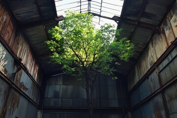 Poster - A striking image of a vibrant tree thriving inside an abandoned warehouse, contrasting natural growth with industrial decay, showcasing resilience and beauty.