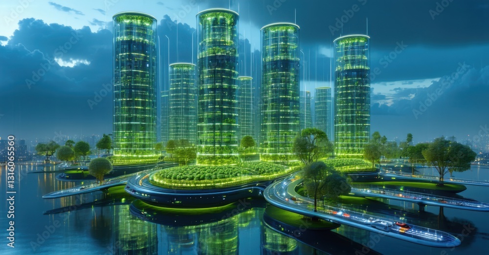 Futuristic city powered by vertical farms and solar panels with ...