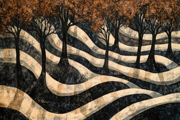 Poster - This captivating abstract landscape features flowing paths and textured trees, creating a serene atmosphere filled with warm autumn colors and artistic charm.