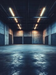 Poster - Industrial Warehouse Interior with Concrete Walls and Reflective Floor Illuminated by Fluorescent Lights Empty Space for Storage