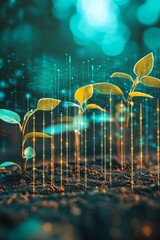 Poster - Close-Up of Sprouting Plants with Digital Light Effects and Abstract Data Visualization in Nature