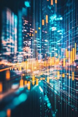 Poster - abstract digital data visualization with blurred city lights and neon colors representing technology