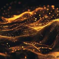 Poster - Golden Waves of Light and Particles Creating a Mesmerizing Abstract Digital Landscape
