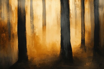 Poster - A captivating image of a mysterious forest with dark tall trees surrounded by warm ethereal light. The blend of colors creates a serene and enchanting atmosphere.