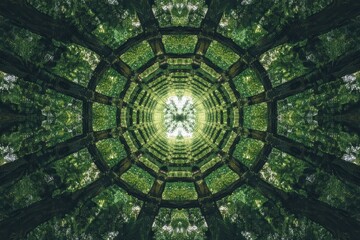 Poster - A mesmerizing symmetrical view looking up at a lush green forest canopy, showcasing vibrant foliage and sunlit patterns, creating a tranquil atmosphere.