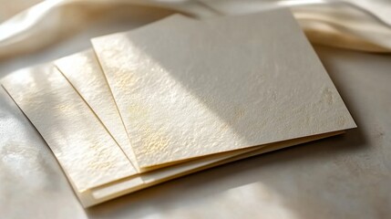 Poster - Soft light highlights the delicate texture of handcrafted paper stacked casually, inviting inspiration for artistic endeavors and creative writing sessions. The peaceful setting enhances creativity