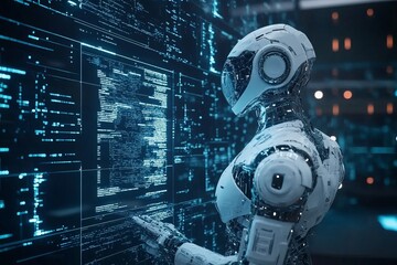 Poster - a futuristic robot interacts with a high-tech digital screen displaying complex data. this image cap