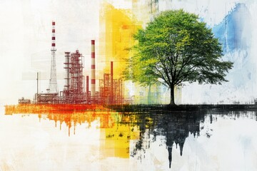 Poster - This artwork portrays a striking contrast between industrial structures and a flourishing tree, symbolizing the balance between nature and industry in a vibrant landscape.