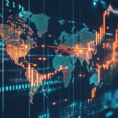 Poster - digital world map visualization with financial data and graph trends on dark background