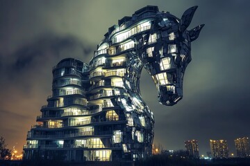 Poster - A striking horse-shaped building stands illuminated against a night sky. Its innovative design and contemporary architecture create a captivating urban landmark.
