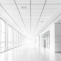 Wall Mural - large, empty hallway with white walls and white flooring. the hallway is long and narrow. the space 