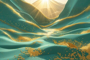 Poster - Enchanting Mint Green Landscape with Shimmering Gold Highlights and Luminous Glow