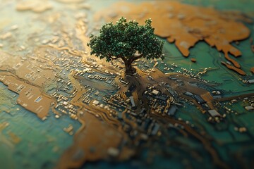 Poster - A surreal depiction of a tree growing from a circuit board illustrates the relationship between nature and technology, highlighting sustainability and innovation.