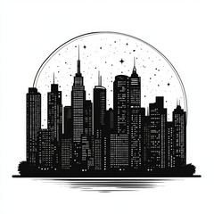 Poster - stunning black and white silhouette of a city skyline with stars and moon above. perfect for various